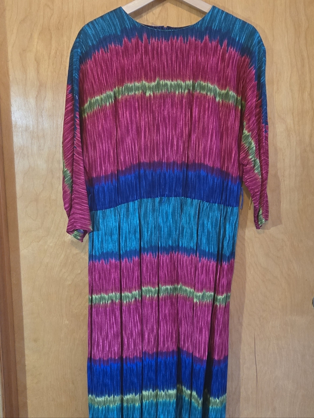 Vintage Sabino Colorful Crinkle Midi Dress Size 10 Boho Bright Abstract 80s 90s